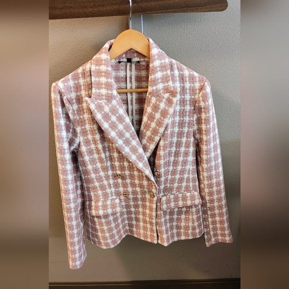 LULUS Women's Pink Plaid Double-Breasted Jacket - Picture 6 of 16